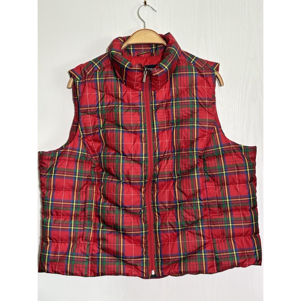 Lands End Puffer Vest Womens 1X 16 18 Red Green Scotch Plaid Down Christmas